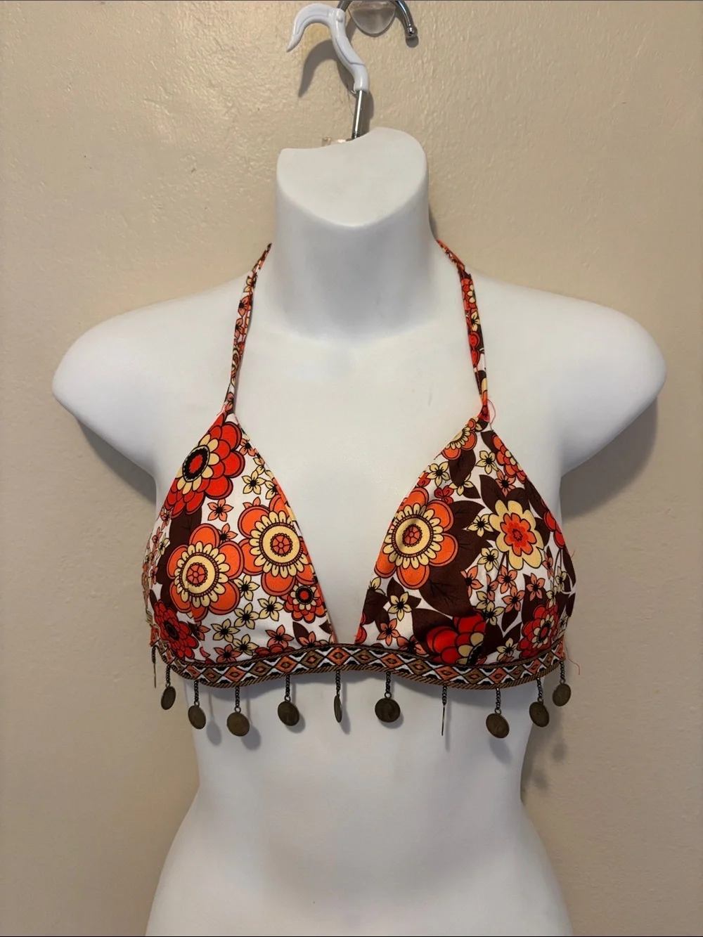 Retro Floral Halter Bikini Top in Orange & Brown